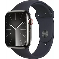Умные часы Apple Watch Series 9 LTE 45 мм (корпус из нержавеющей стали, графит/полуночный, спортивный силиконовый ремешок M/L)