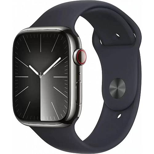 Умные часы Apple Watch Series 9 LTE 45 мм (корпус из нержавеющей стали, графит/полуночный, спортивный силиконовый ремешок M/L)