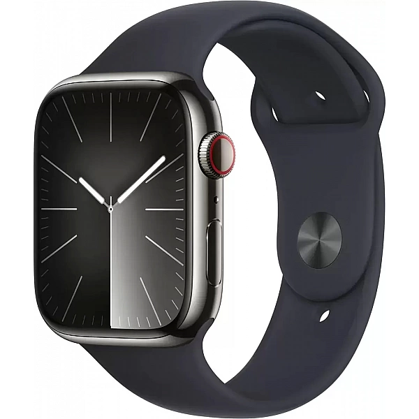 Умные часы Apple Watch Series 9 LTE 45 мм (корпус из нержавеющей стали, графит/полуночный, спортивный силиконовый ремешок M/L)