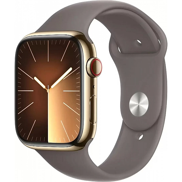 Умные часы Apple Watch Series 9 LTE 45 мм (корпус из нержавеющей стали, золотистый/темно-серый, спортивный силиконовый ремешок M/L)