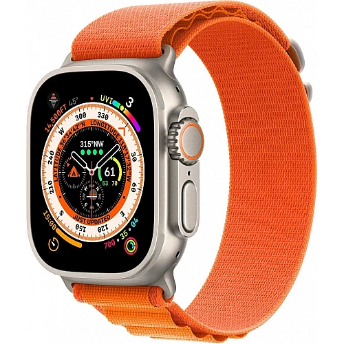 Умные часы Apple Watch Ultra LTE 49 мм (титановый корпус, титановый/оранжевый, текстильный ремешок размера M)