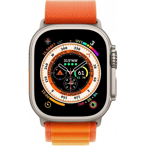 Умные часы Apple Watch Ultra LTE 49 мм (титановый корпус, титановый/оранжевый, текстильный ремешок размера M)