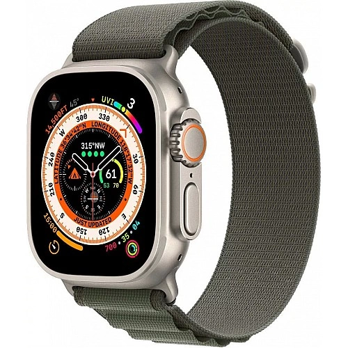 Умные часы Apple Watch Ultra LTE 49 мм (титановый корпус, титановый/темно-зеленый, текстильный ремешок размера M)
