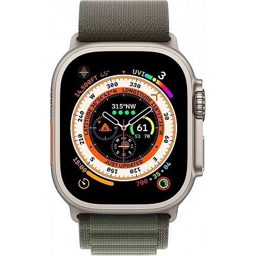 Умные часы Apple Watch Ultra LTE 49 мм (титановый корпус, титановый/темно-зеленый, текстильный ремешок размера M)