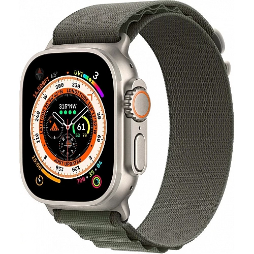 Умные часы Apple Watch Ultra LTE 49 мм (титановый корпус, титановый/темно-зеленый, текстильный ремешок размера S)