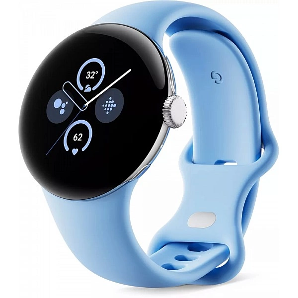 Умные часы Google Pixel Watch 2 (глянцевый серебристый/залив, спортивный силиконовый ремешок)
