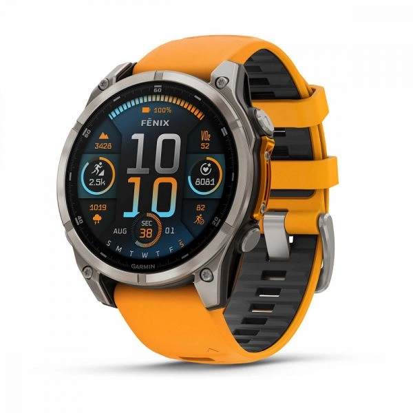 Умные часы Garmin Fenix 8 Sapphire, Titanium 47мм (светло-серый, оранжевый силиконовый ремешок)